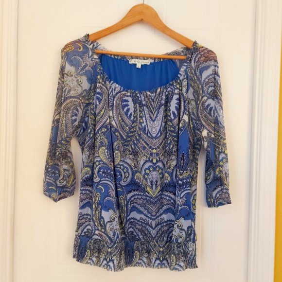 ✅ Bundle 3 Tops for $10 - Cleo Petites Patterned Blouse 3/4 Sleeves - Size L - Picture 1 of 3